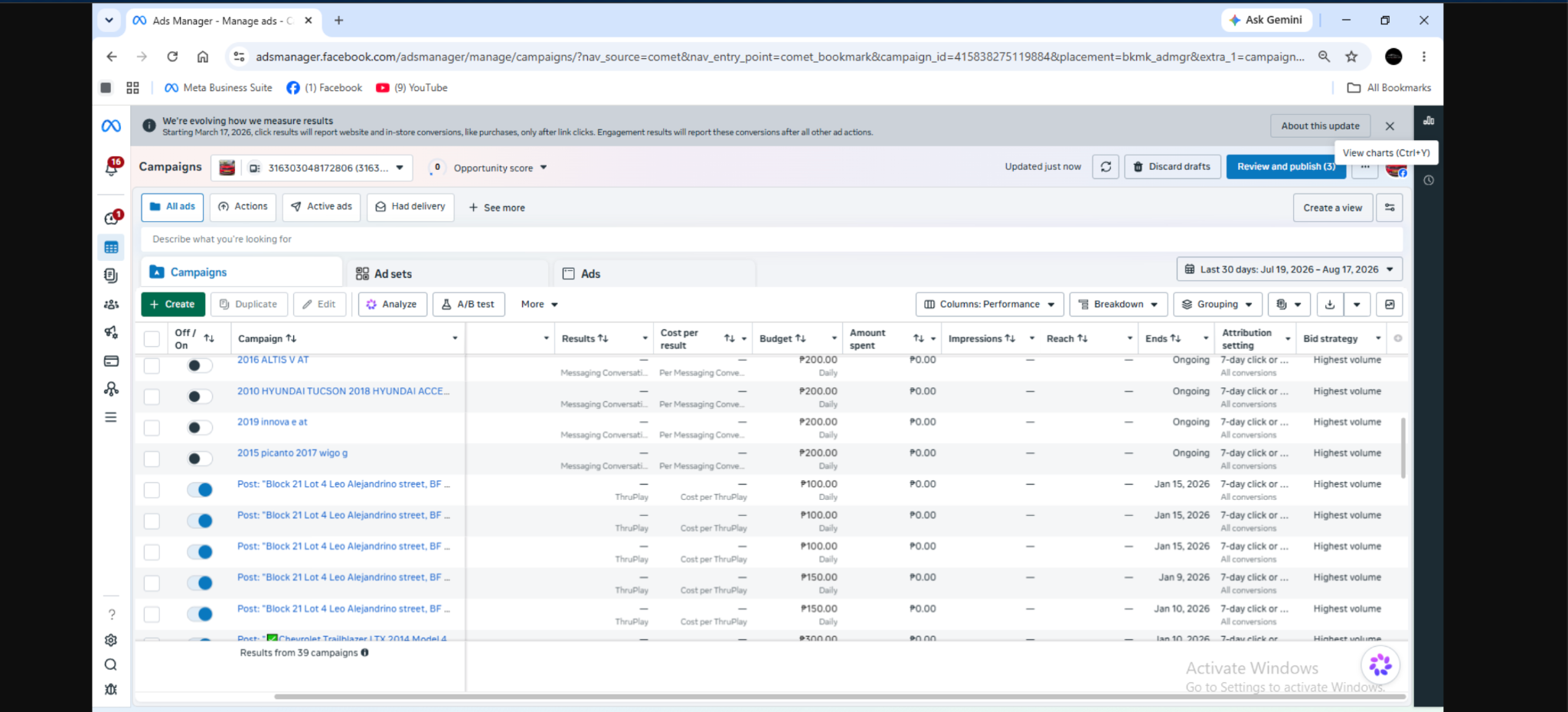 Auto-Prime Ads Manager campaign evidence — 2026, one-month testing