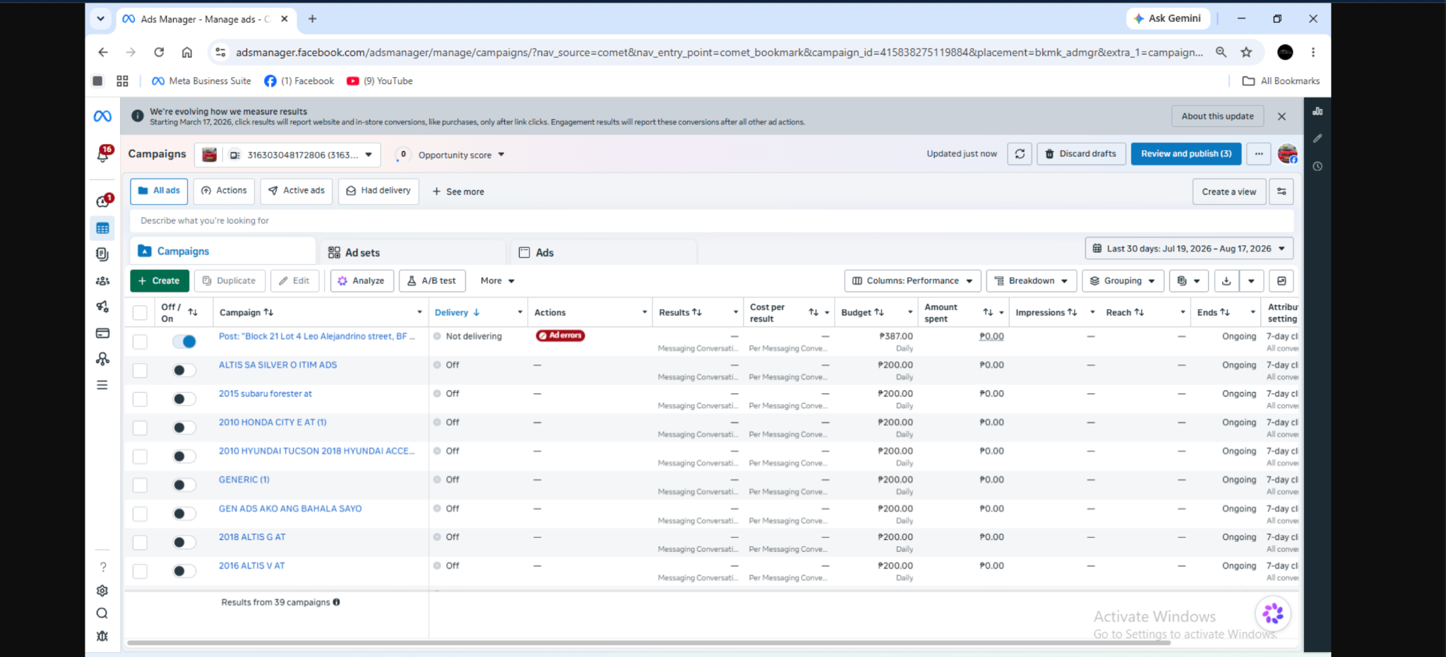 Auto-Prime Ads Manager campaign evidence — 2026, one-month testing