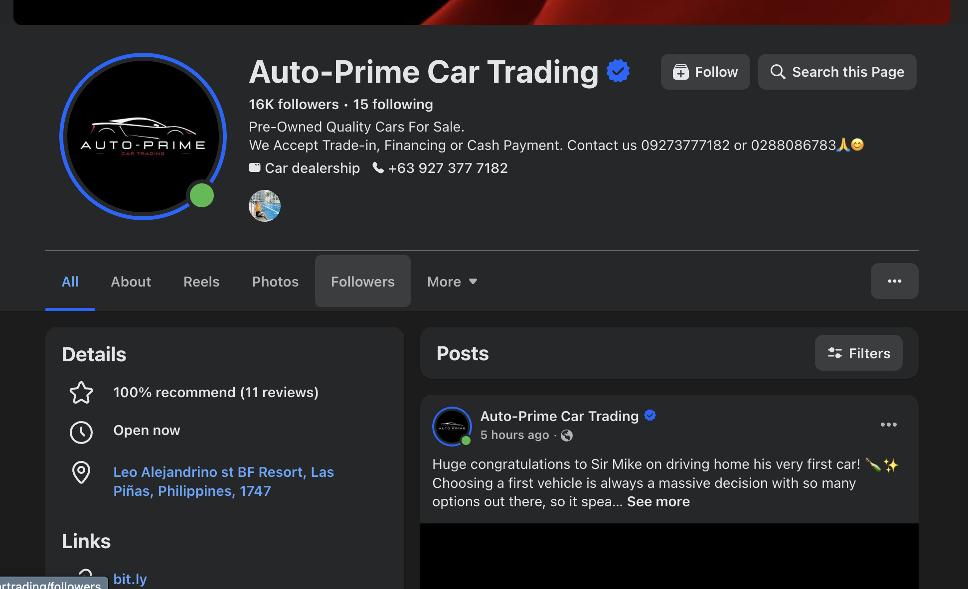 Auto-Prime Car Trading Facebook Page screenshot