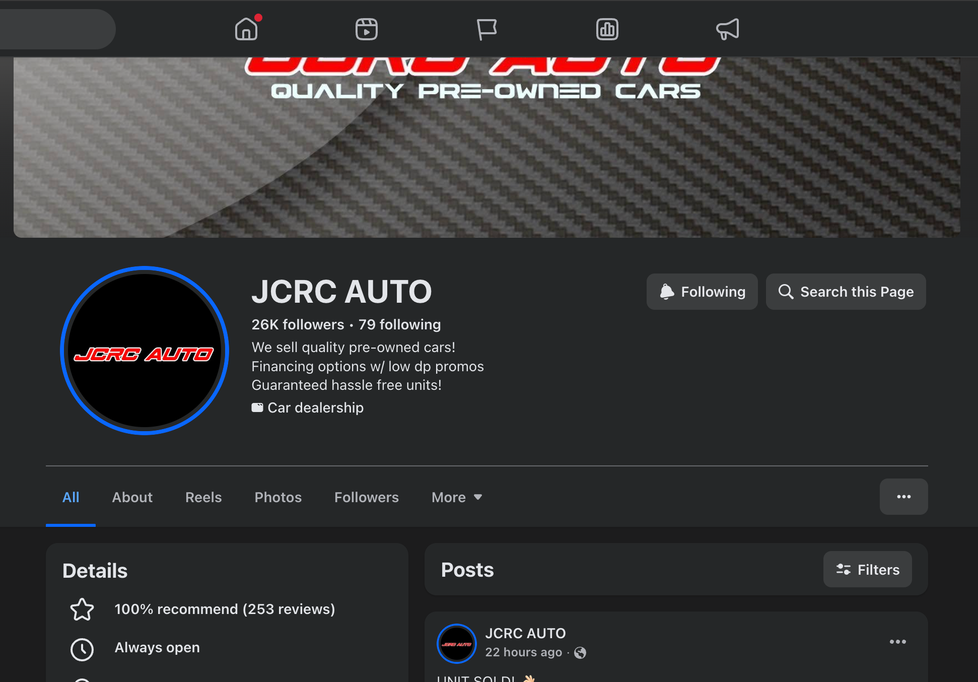 JCRC Auto Facebook Page screenshot